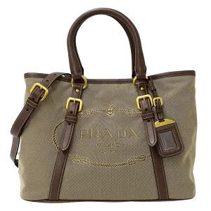 Prada Bag Handbag Tote Shoulder Logo Jacquard Canvas Beige Brown